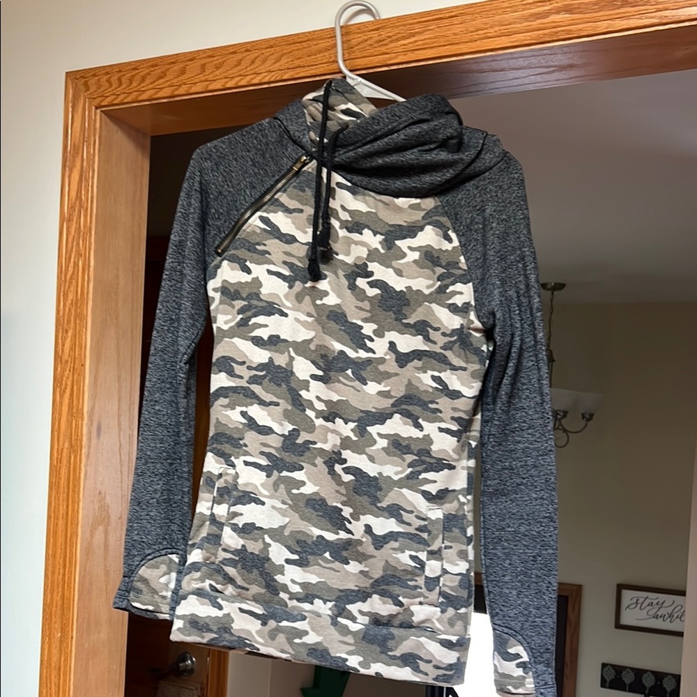 Camouflage and Gray Hoodie with Asymmetrical Zipper